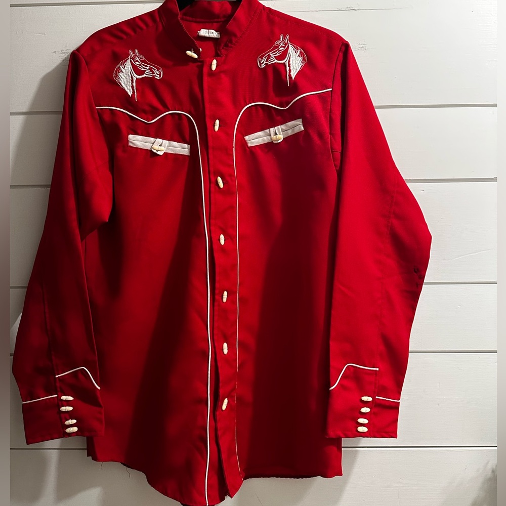 Vintage Bronco Red Western Shirt Embroidered Horse M Rockabilly Rodeo 1970s